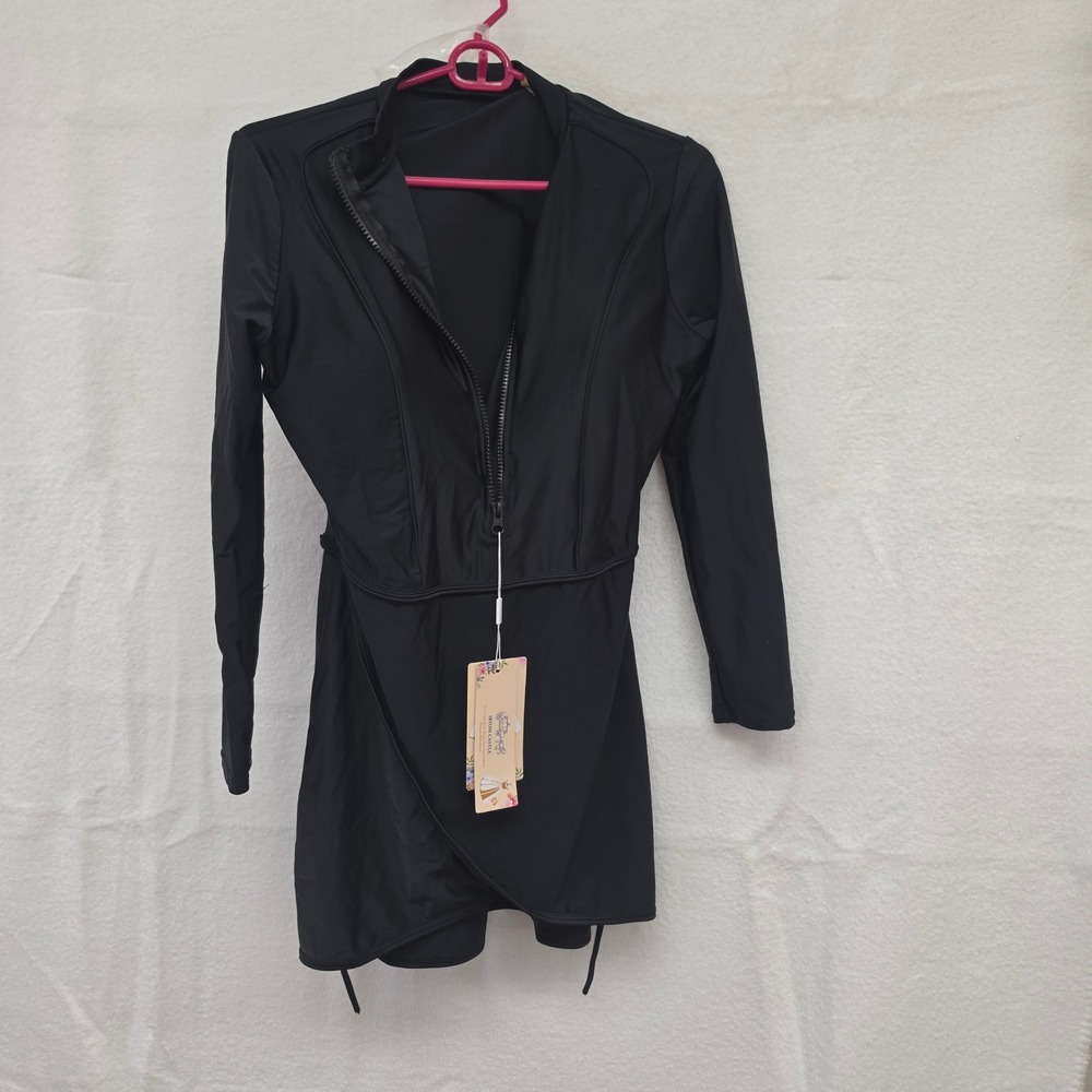 IBTOM CASTLE Girls Black Long Sleeve Rash Guard Swim Dress Size L NWT